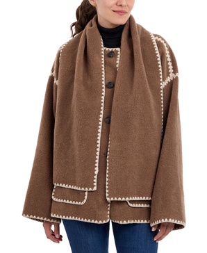 Women's Contrast-Trim Coat & Scarf