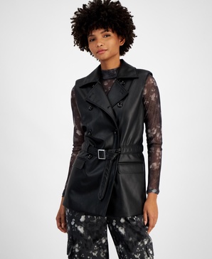 Petite Faux-Leather Notched Collar Belted Vest, Created for Macy's