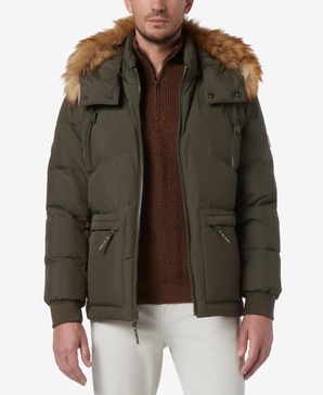 Men's Down Bomber with Faux Fur Trim and Removable Hood