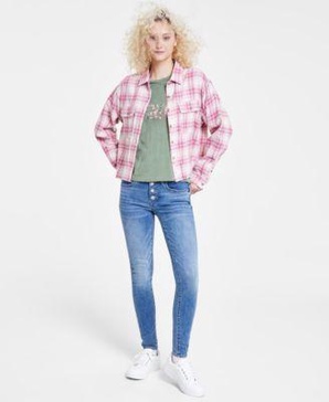 Plaid Fringed-Hem Cropped Shirt, Floral-Graphic Crewneck T-Shirt, & Mid-Rise Skinny-Leg Jeans