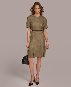 Donna Karan Women's Houndstooth Belted Short-Sleeve Dress