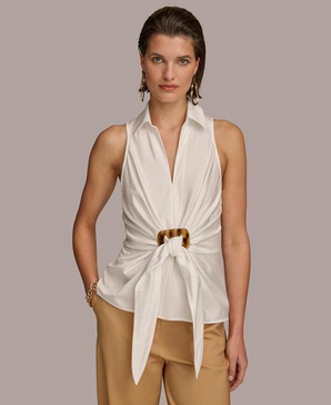 Donna Karan Women's Sleeveless Tie-Front Collared Shirt