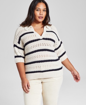 Plus Size Striped Polo Sweater, Created for Macy's