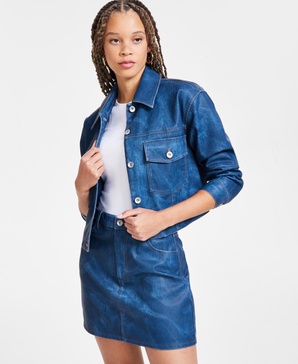 Women's Denim-Finish Faux-Leather Trucker Jacket, Exclusively at Macy's