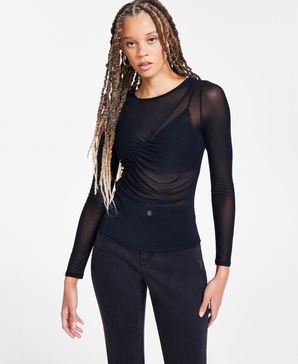 Women's Long-Sleeve Ruched Mesh Top, Exclusively at Macy's