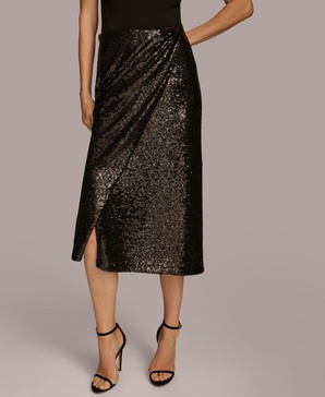 Women's Sequin Faux-Wrap Midi Skirt