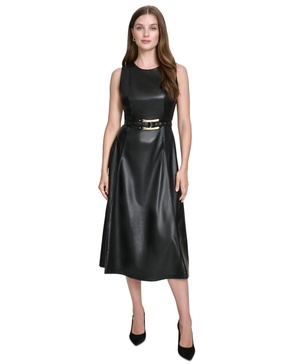 Women's Faux-Leather Belted Sleeveless Midi Dress