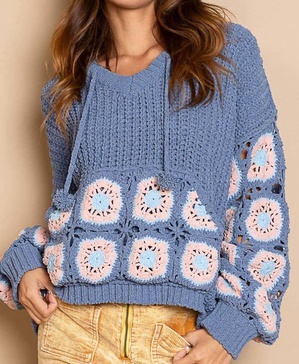 cornflower crochet square patch hooded pullover sweater in blue