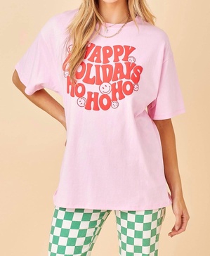 happy holidays graphic tee in pink