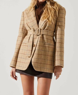 lottie plaid belted blazer in taupe