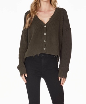 distressed button front cardigan in army