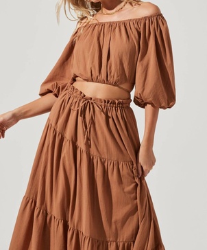 balboa off shoulder balloon sleeve top in brown