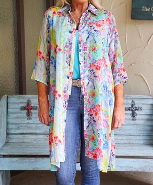 button down long top or kimono with side slits in multi colored floral