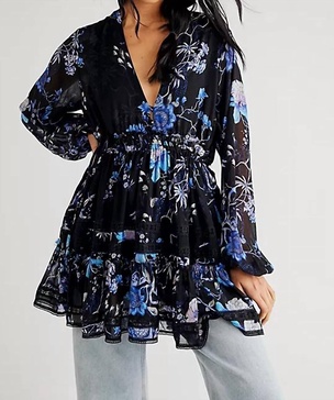 cherry blossom mini dress in black/blue