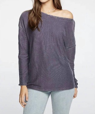 long sleeve rib snap top in deep