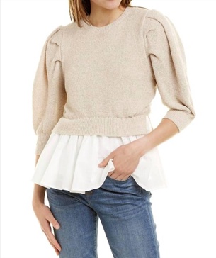 mixed media puffed sleeve top in natural