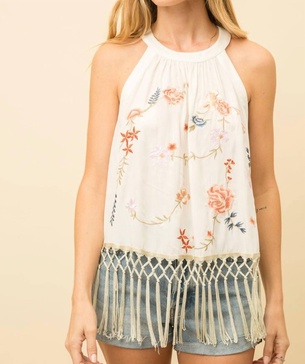 tassel bottom embroidered halter top in cream