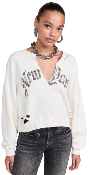 New York Cropped Crew Neck Sweatshirt with Front Slit