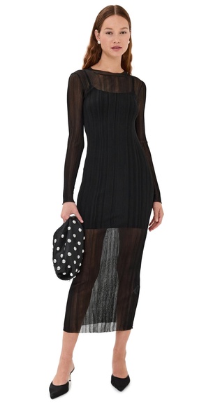 Sheer Plissé Long Sleeve Dress