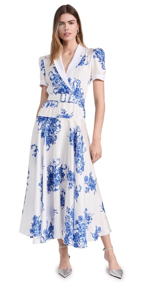 White and Blue Floral Printed Silk Twill Collared Dress with Belt Detail