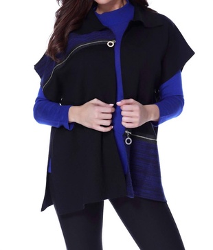 zip detail poncho in black/cobalt