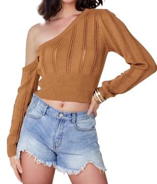 kendra pointelle knit one-shoulder sweater top in toffee