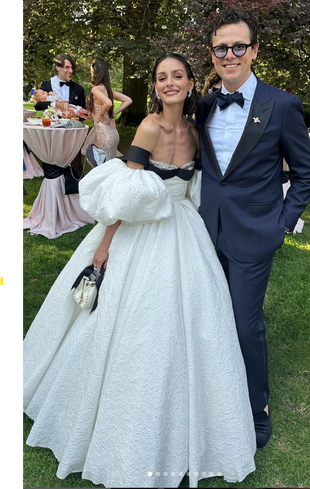 white crystal gown and pearl bucket handbag?