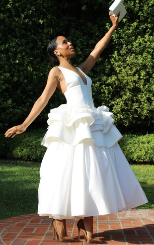 white ruffle dress and brown satin pumps?