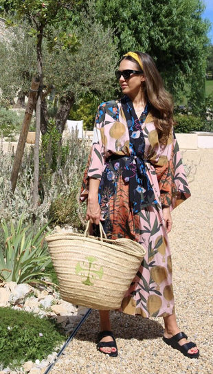 print robe, black sunglasses, straw handbag, and sandals?