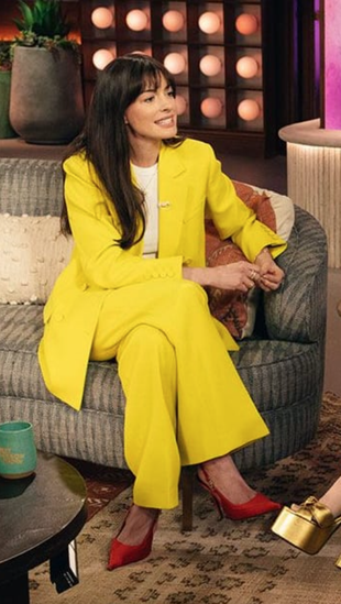 yellow pants, blazer, and red pumps?