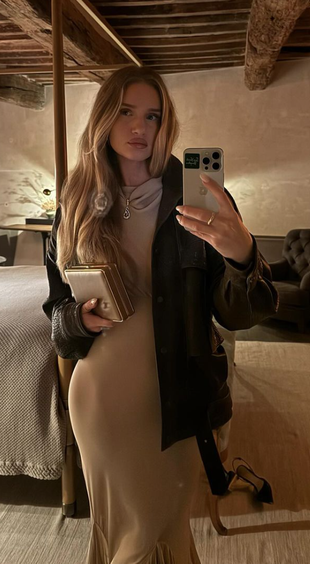 beige long sleeve gown, brown jacket, and clutch handbag?