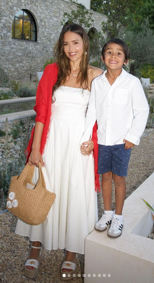 white strapless dress, floral straw tote handbag, and platform sandals?