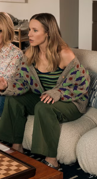 print cardigan and green striped shirt?