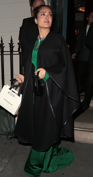 green gown and black cape coat?