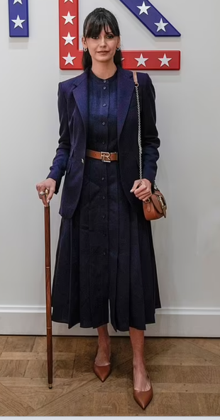 blue pleated dress, blazer, pumps, and handbag?