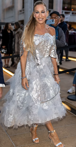 silver sandals and floral dress?