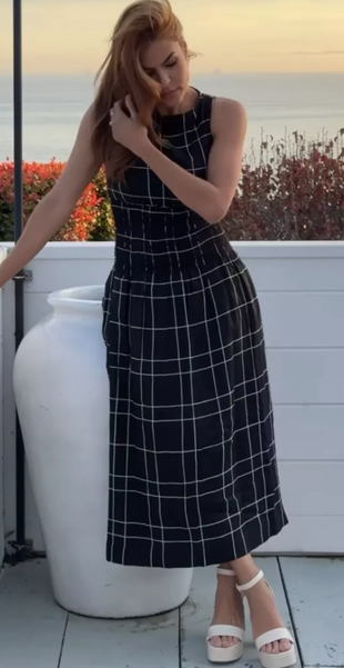 black check print dress and silver platform sandals?