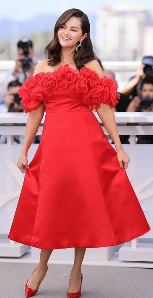 floral off the shoulder red dress and pumps?