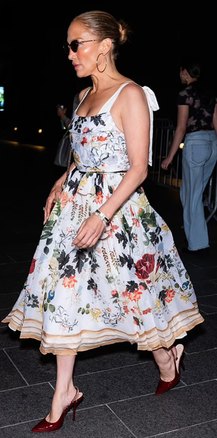 red pumps, black sunglasses, handbag, hoop jewelry, and white floral dress?