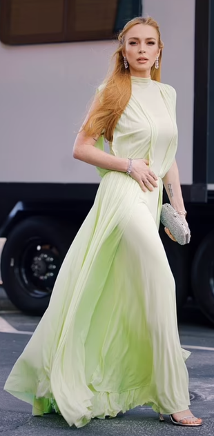 green maxi dress, earrings, and sandals?