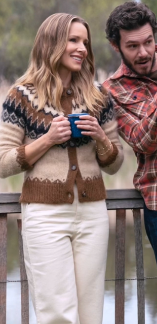 brown print cardigan sweater and white jeans?