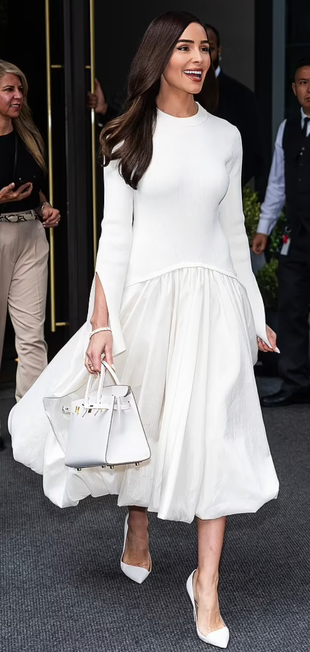 white tote handbag and puff long sleeve dress?