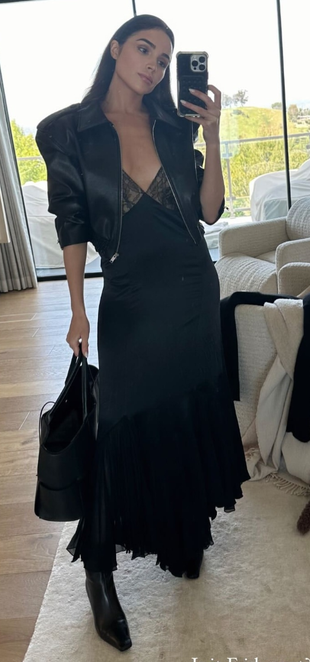 black dress, bomber jacket, ankle boots, and woven tote handbag?