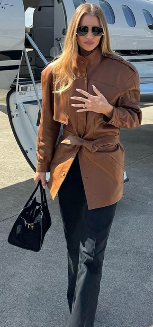 brown leather jacket, black pumps, handbag, and pants?