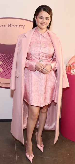 pink coat, print shirt dress, pumps, and belt?