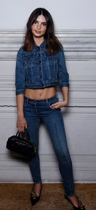 jeans, denim jacket, and black handbag?