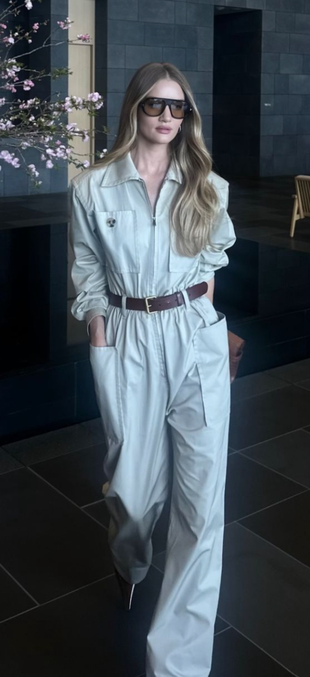 brown sunglasses, beige belted jumpsuit, handbag, and pumps?