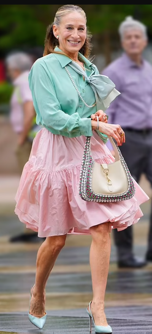 white crystal bag and green cut out pumps?