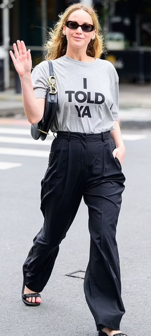 gray tee, black sandals, and handbag?