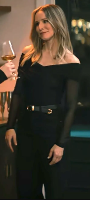 black off the shoulder top, belt, and jeans?